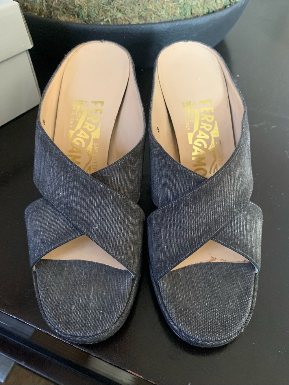 Salvatore Ferragamo Denim Crisscross Slide Mules - Dark Blue